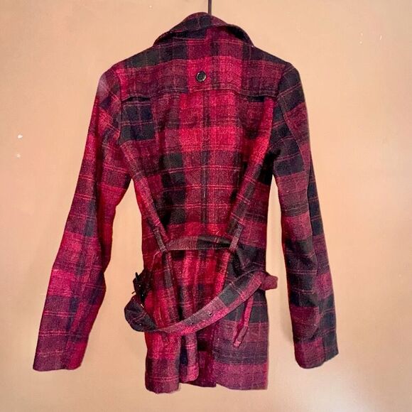 Bongo Women's Double Breasted Red Plaid Button Pea Coat - Size Small - Picture 9 of 10